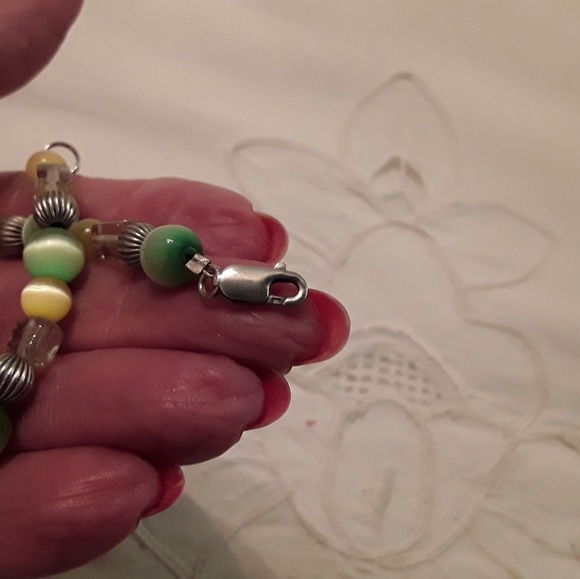 925 VTG. STERLING CAT EYE CORRUGATED BEAD BRACELET - Picture 5 of 8